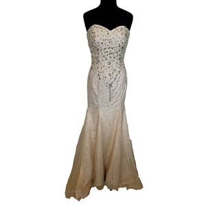 Formal Mermaid Maxi Dress Size Medium (8) Strapless Beige Jeweled Gown wTrain